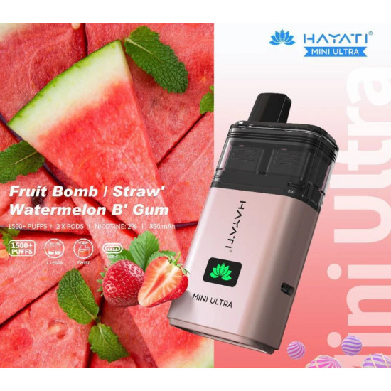 Hayati Mini Ultra 1500+ Puffs - Fruit Bomb/ Strawberry watermelon bubblegum Hayati Mini Ultra 1500+ Puffs - Fruit Bomb/ Strawberry watermelon bubblegum