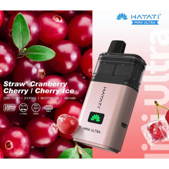 Hayati Mini Ultra 1500+ Puffs - Strawberry Cranberry Cherry/ Cherry Ice Hayati Mini Ultra 1500+ Puffs - Strawberry Cranberry Cherry/ Cherry Ice