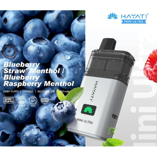 Hayati mini ultra 1500+ puffs - Blueberry straw menthol/ Blueberry raspberry menthol Hayati mini ultra 1500+ puffs - Blueberry straw menthol/ Blueberry raspberry menthol