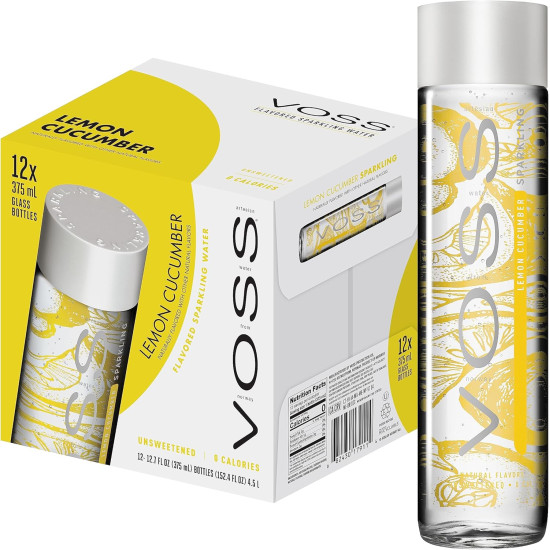 Voss Lemon Cucumber Flavour Sparkling Water Galsss Bottles 375ml -12 Pack